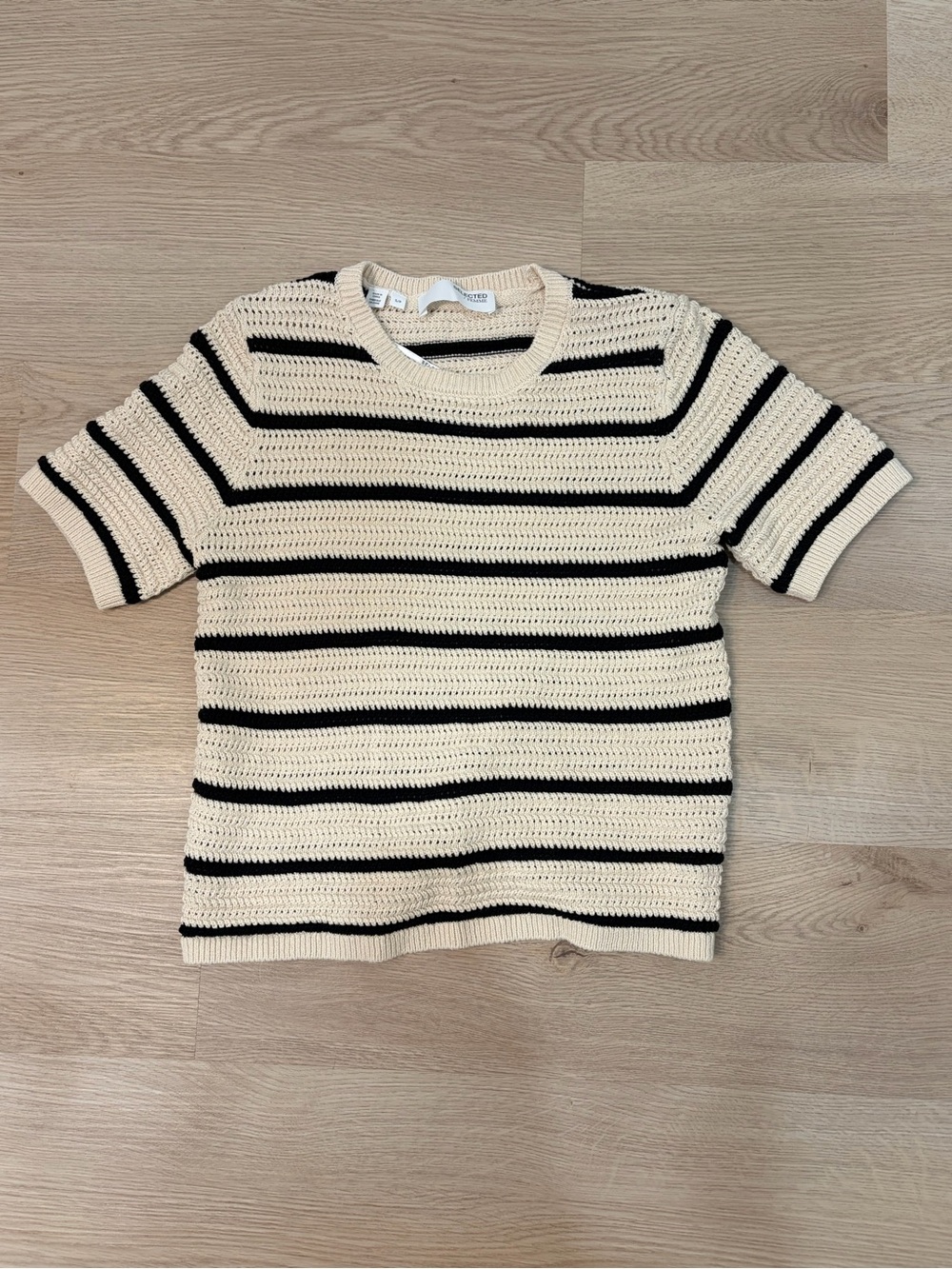Striped Short-Sleeve Knit Top in Cream and Black